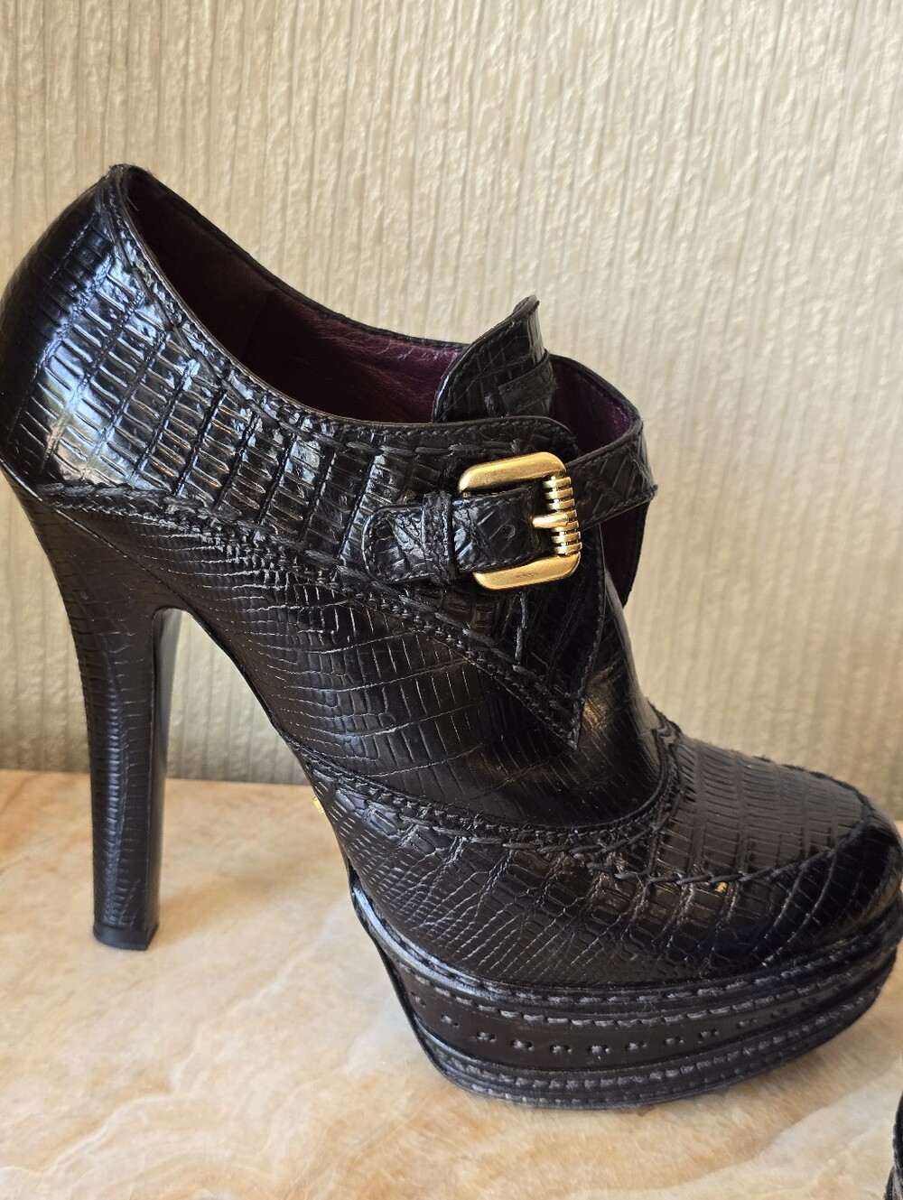 Prada Bootie Black Croc Heel Boots Black